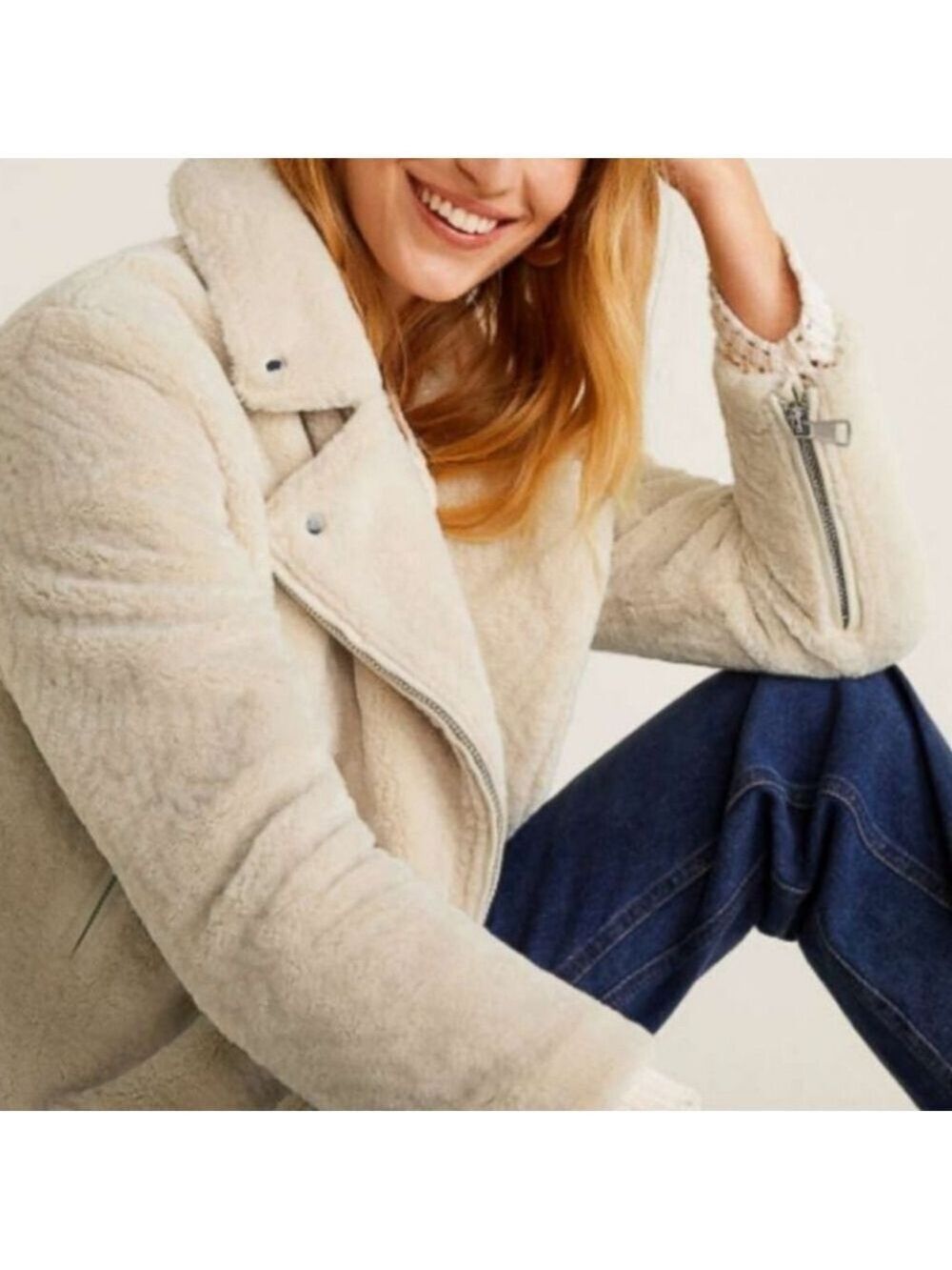 Mango Ivory Faux Shearling Biker Jacket, Size S - Picture 6 of 17